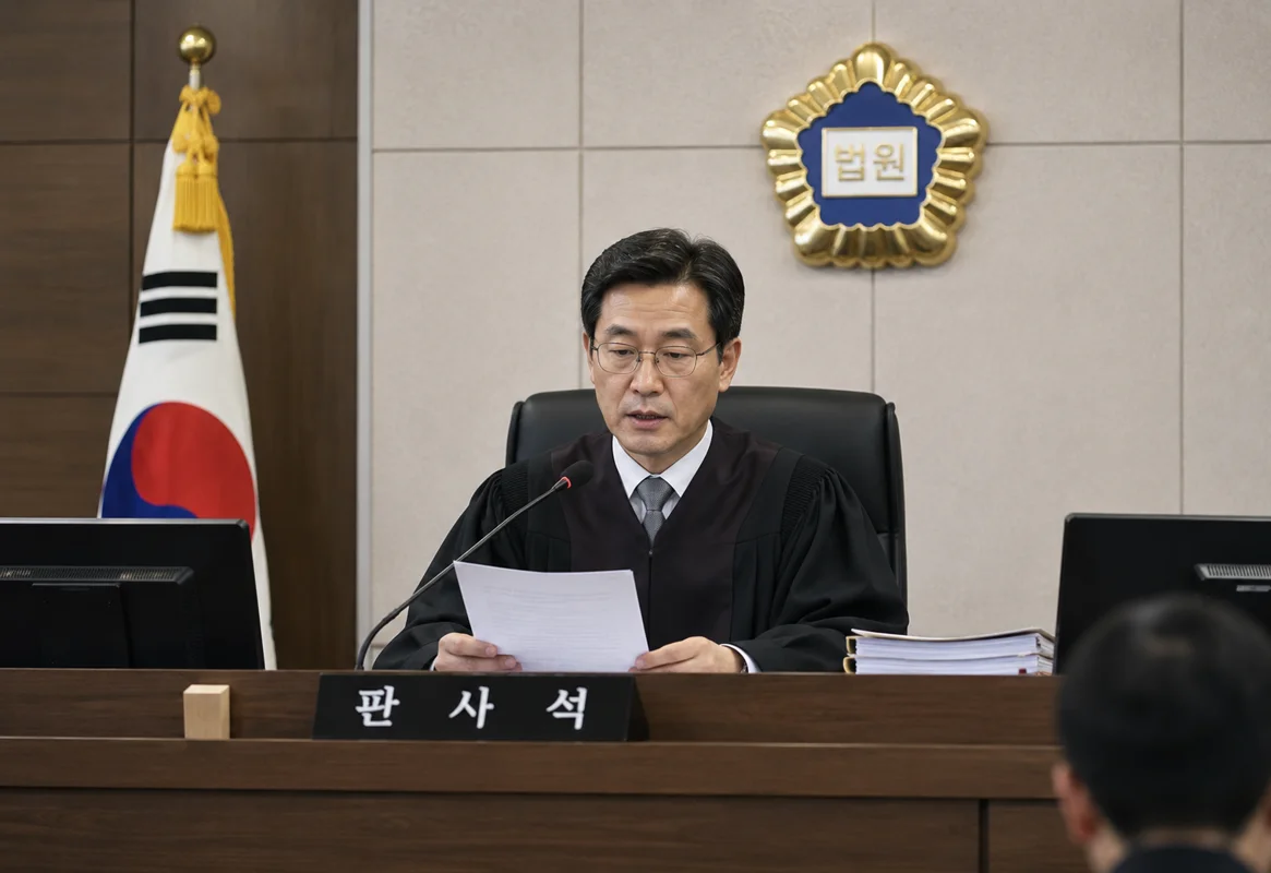 영등포 통매음 합의금 액수|법정 판사석에 앉아 서류를 검토하는 판사의 모습