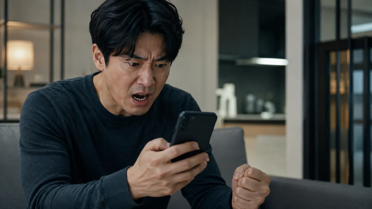 목동 통매음 경찰조사 동행|스마트폰 화면을 보며 분노하는 남성