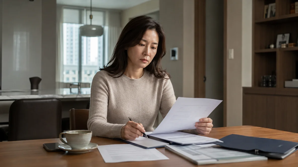 성범죄 신고|집에서 진지하게 서류를 검토하며 작성하는 여성