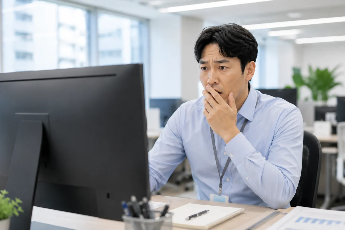 성범죄 증거|모니터를 보며 당황한 표정의 직장인