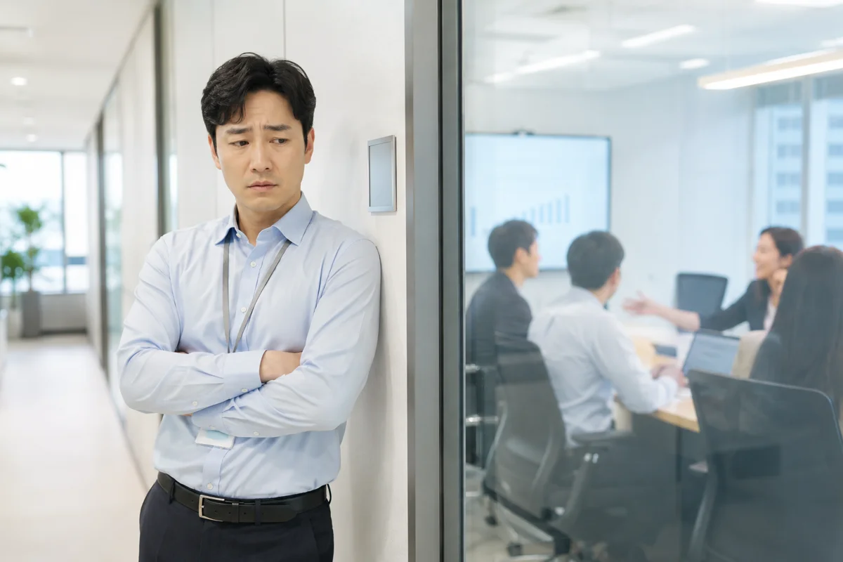 영등포 성범죄 무고죄 성립|회의실 밖에서 고민에 빠진 표정의 직장인 남성