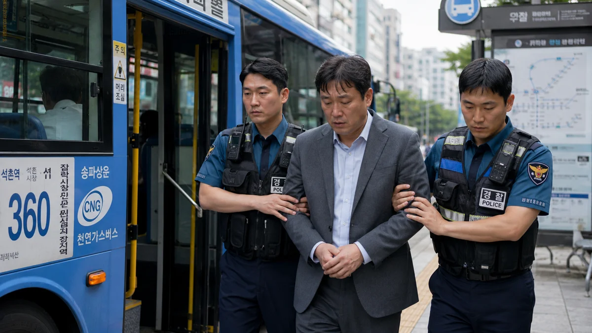 성범죄 증거|경찰관들에게 연행되는 정장 차림의 남성
