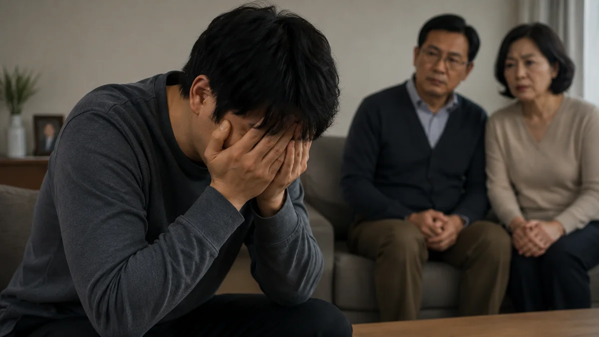 양천구 준강간 혐의 대처|얼굴을 감싸 쥐고 괴로워하는 남성과 걱정하는 부모님