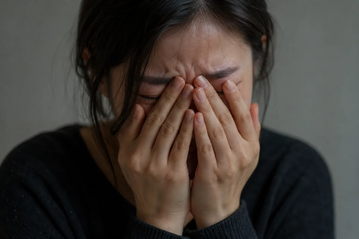 영등포 직장 내 성추행 무고|얼굴을 감싸 쥐고 울고 있는 여성의 모습